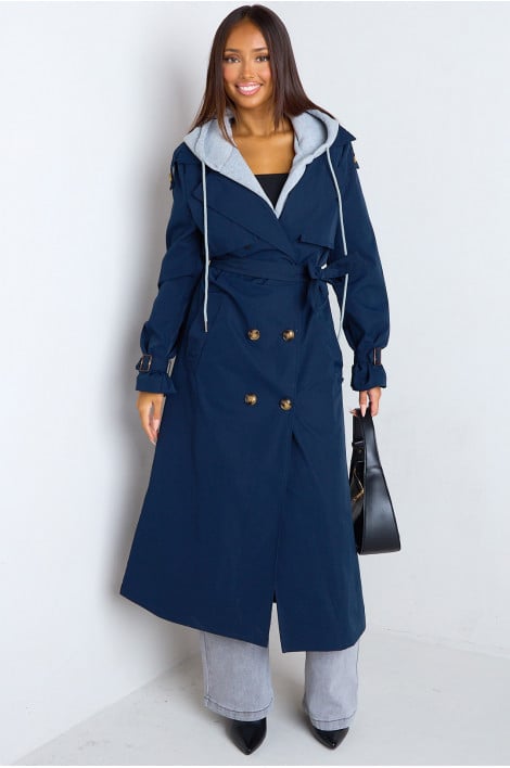 Veste trench longue bleu marine à empiècement capuche