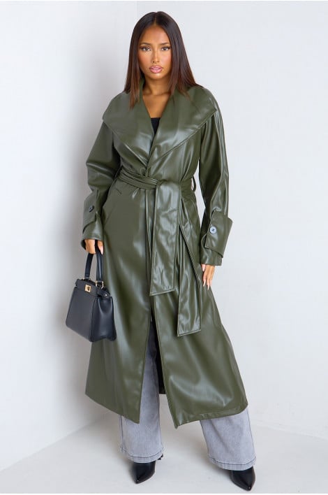Veste trench longue kaki en similicuir