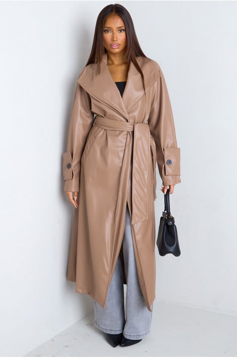 Veste trench longue marron clair en similicuir
