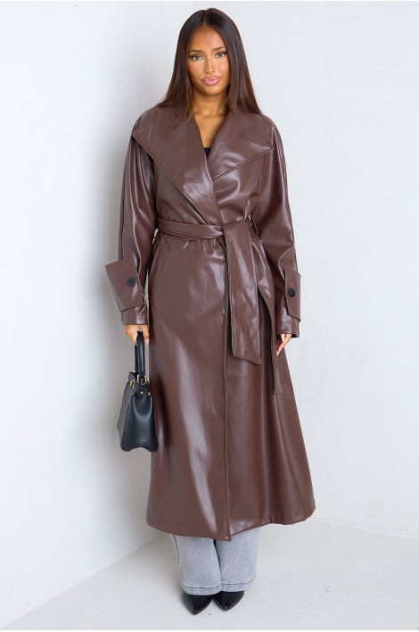 Veste trench longue marron en similicuir