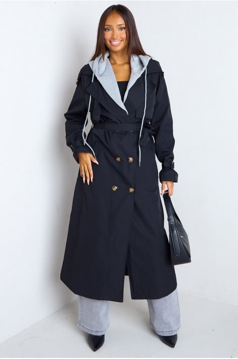 Veste trench longue noire à empiècement capuche