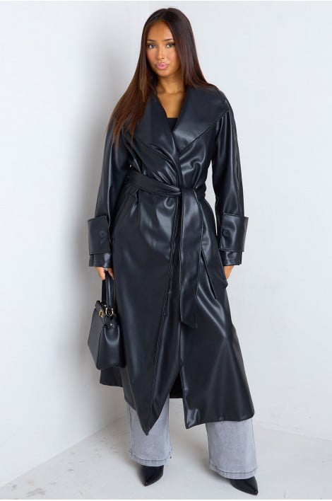 Veste trench longue noire en similicuir