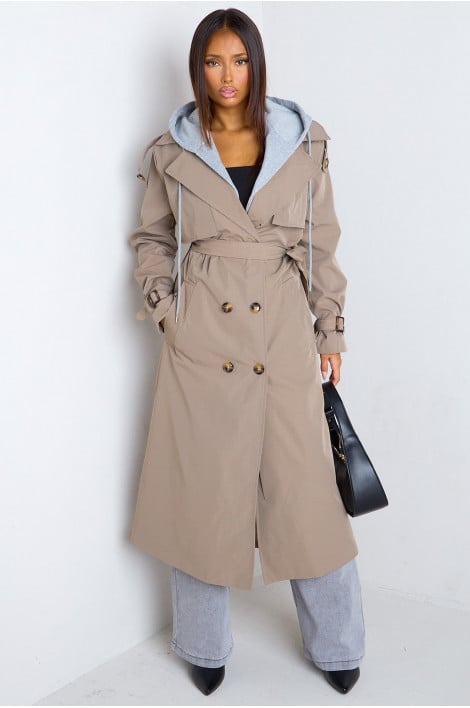 Veste trench longue taupe à empiècement capuche
